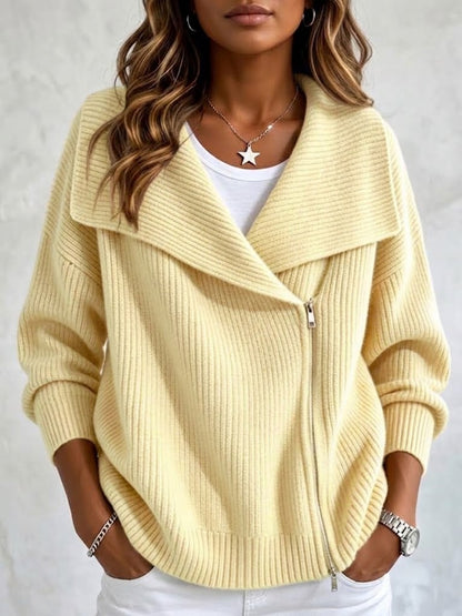 Collared Knit Jacket With Double Zippers