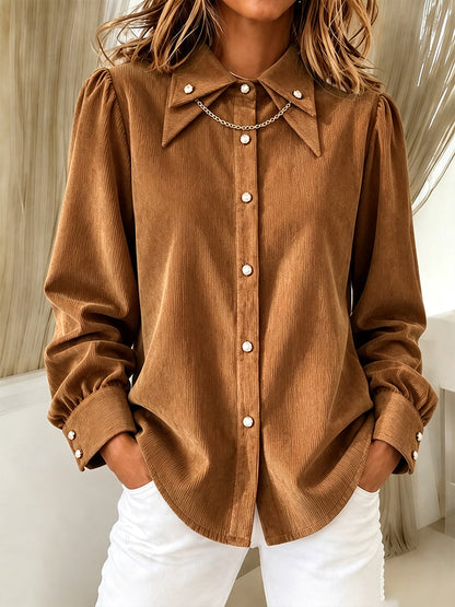 Casual Corduroy Long-sleeve Shirt With A Pointed Collar
