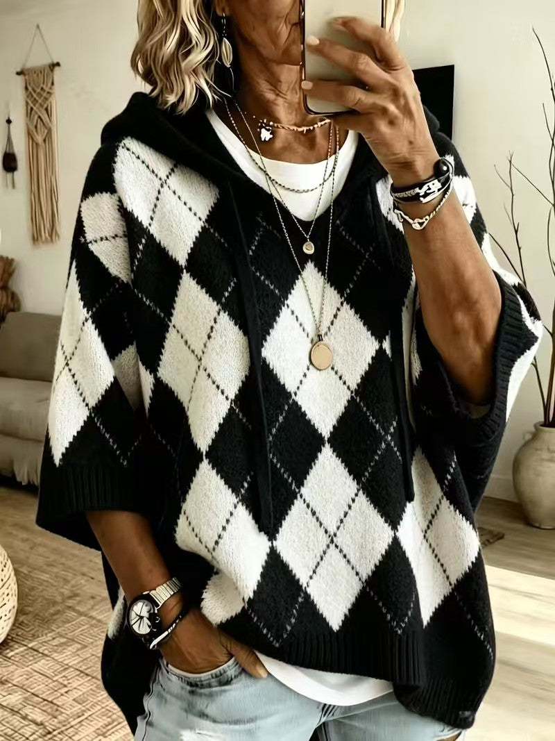 Checked-print Casual Hooded Knit Drawstring Sweatshirt