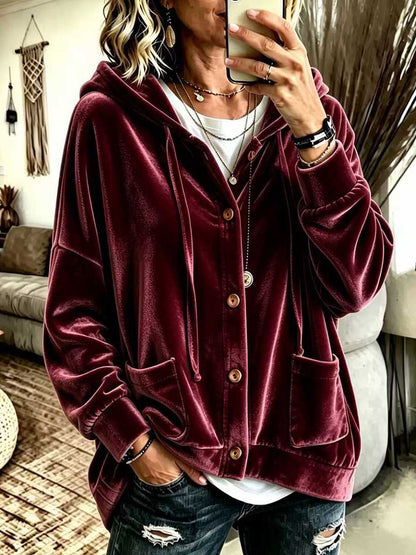 Women's Solid Color V-neck Long-sleeve Casual Loose Hooded Velour Cardigan