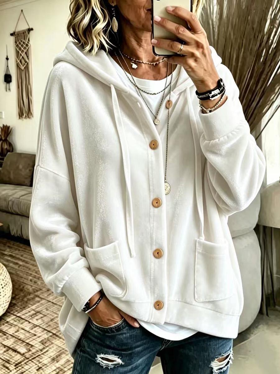 Women's Solid Color V-neck Long-sleeve Casual Loose Hooded Velour Cardigan