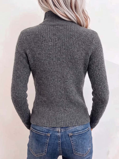 Women's Solid Color High-neck Long-sleeve Casual Slim-fit Knit Top