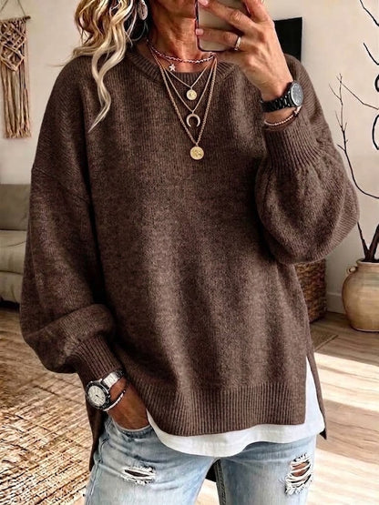 Loose-fit Knit Sweater With A Round Neck, Lantern Sleeves, And Side Slits