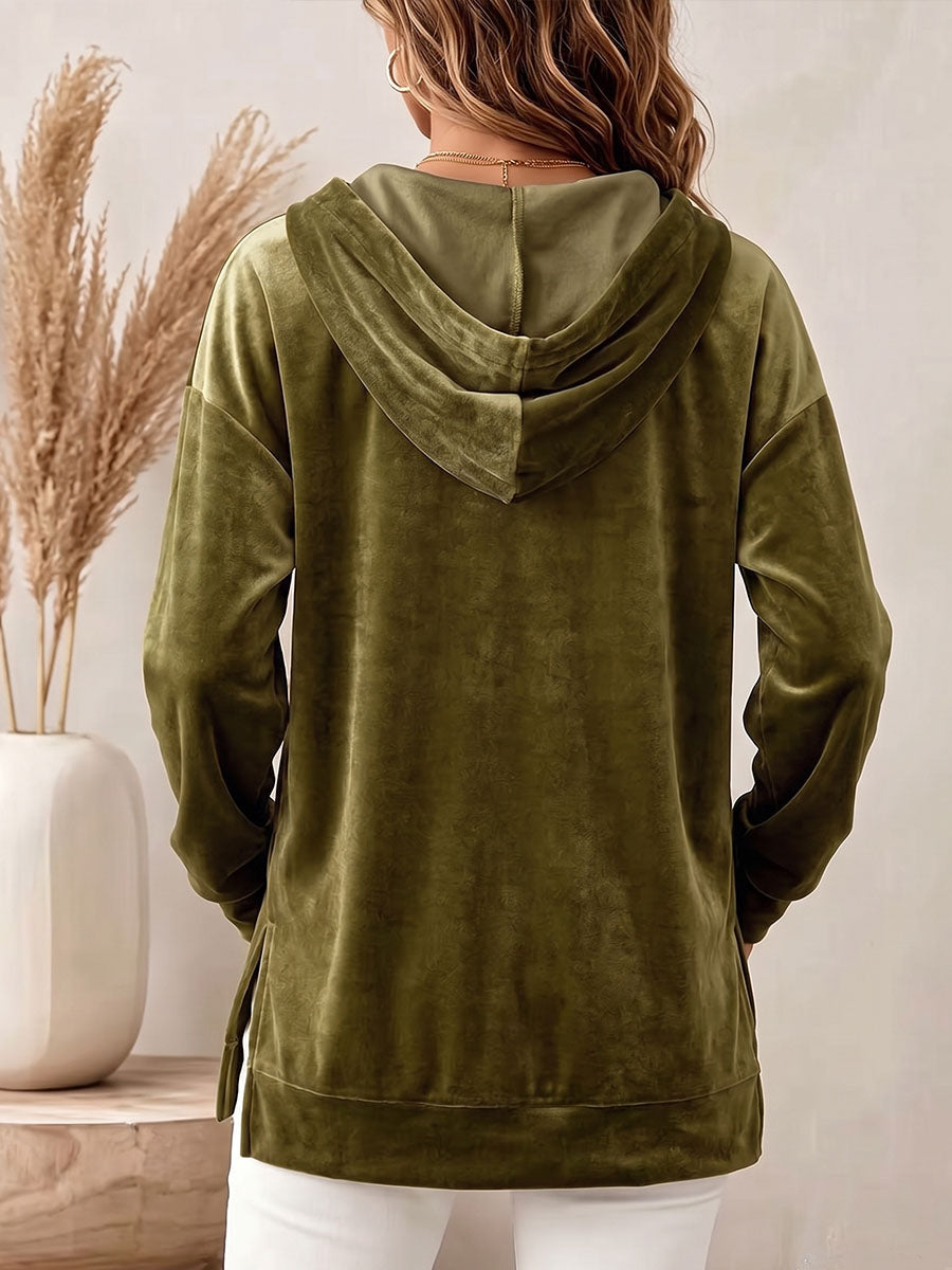 Women's Solid Color V-neck Long-sleeve Casual Loose Hooded Velour Shirt