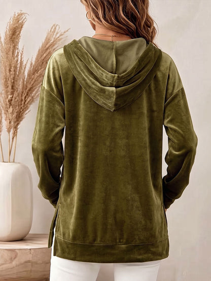 Women's Solid Color V-neck Long-sleeve Casual Loose Hooded Velour Shirt