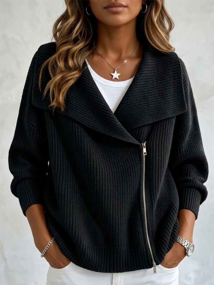 Collared Knit Jacket With Double Zippers