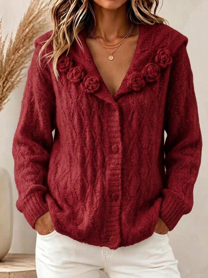 Women's Solid Color Sailor Collar Long-sleeve Casual Loose Textured Crochet Knit Cardigan