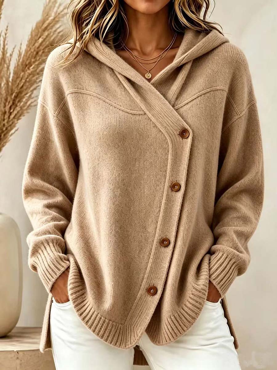 Women's Solid Color V-neck Long-sleeve Casual Loose Hooded Knit Cardigan